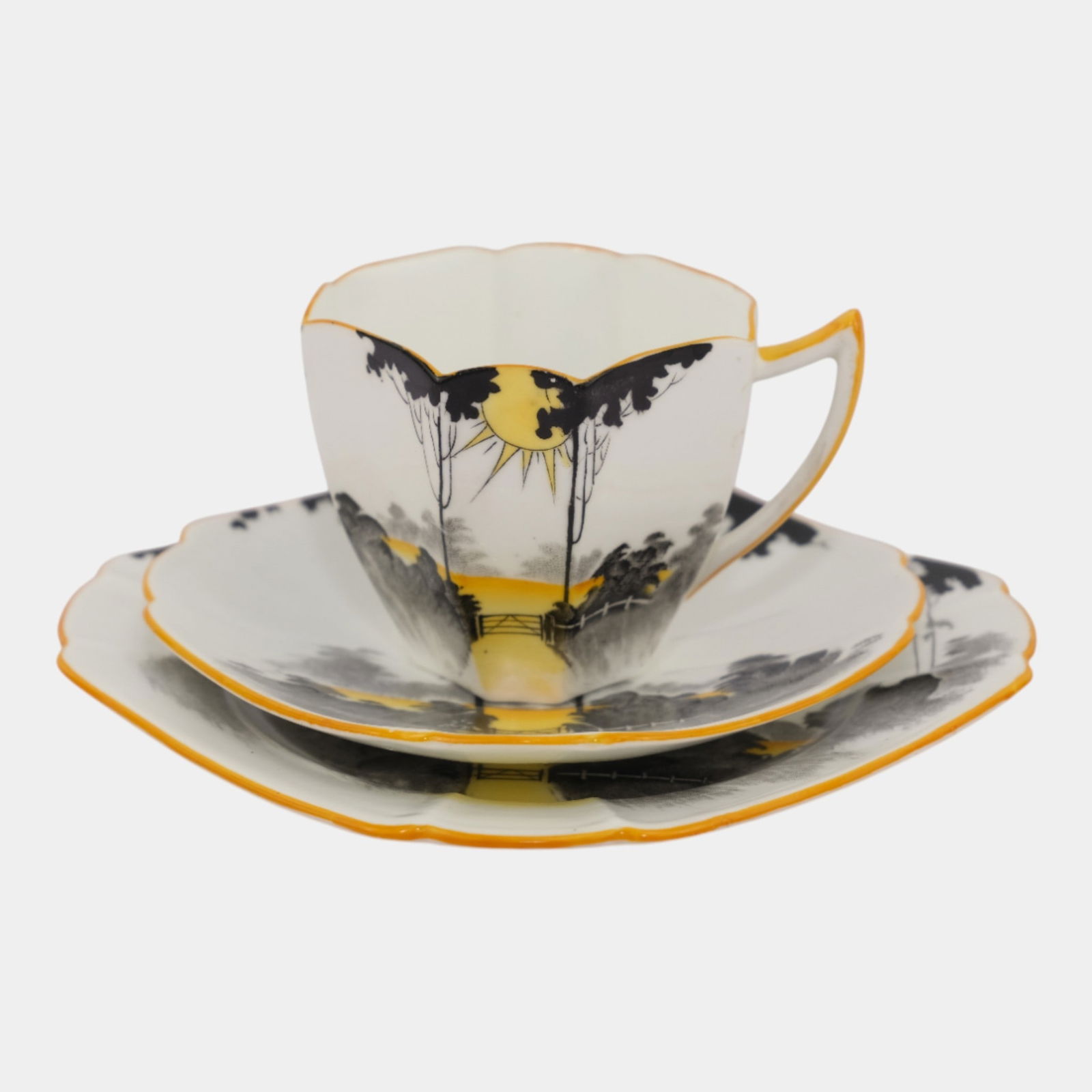 Shelley China Queen Anne "Sunrise & Tall Trees" Cup & Saucer Tea Trio Set: We offer in house shipping on all items. Plus spend $2000 on winning bids on qualified items and your shipping is free. Shelley China Queen Anne "Sunrise & Tall Trees" Cup & Saucer Tea Trio Set Strik