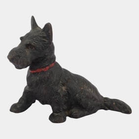 Hubley 1930s Cast Iron Black Seated Red Collar Scottish Terrier Dog Bookend