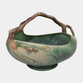 Roseville Pine Cone Green 1936 Vintage Art Deco Pottery Large Ceramic Basket 339