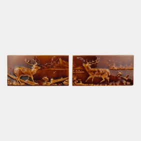 Early 1900s Brown Glazed Arts And Crafts Stag Scenic Architectural Tiles