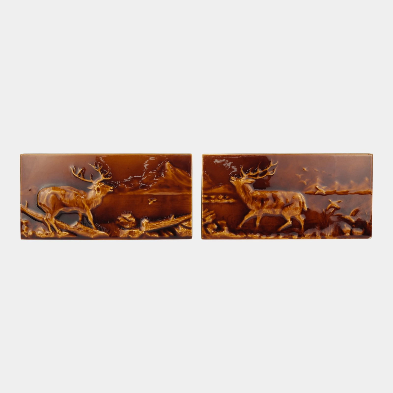 Early 1900s Brown Glazed Arts And Crafts Stag Scenic Architectural Tiles (1 of 8)