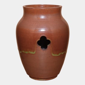 William J. Walley Vintage Arts and Crafts Pottery Brown Quatrefoil Pierced Vase