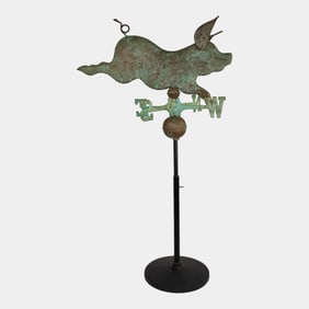 Antique Patinated Copper Flying Pig Weathervane Mounted To Adjustable Stand