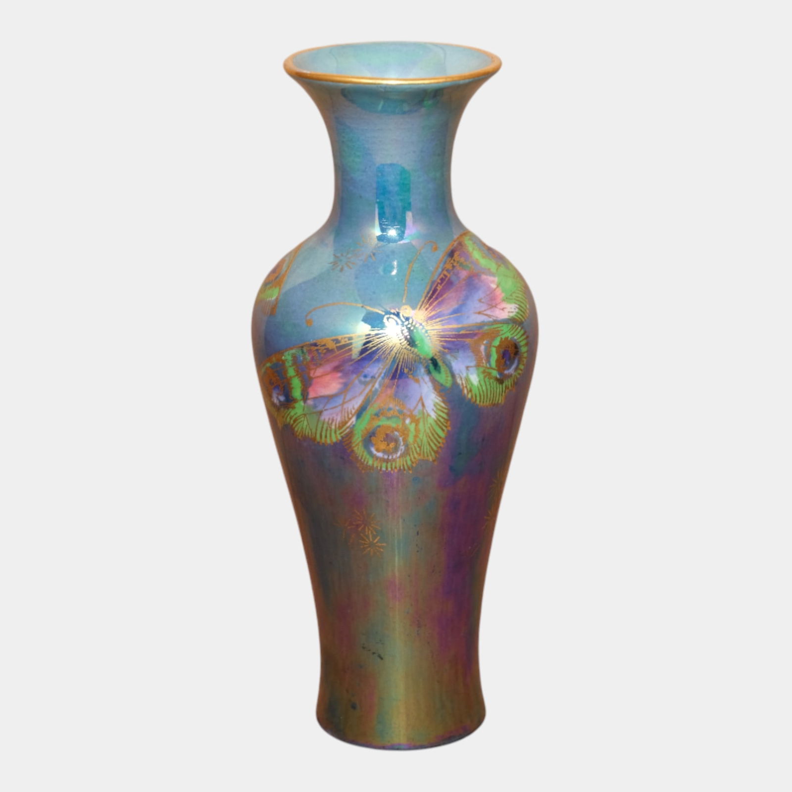 Walter Slater For Shelly 1920 Art Porcelain "Lustre Butterflies" Iridescent Vase: We offer in house shipping on all items. Plus spend $2000 on winning bids on qualified items and your shipping is free. Walter Slater For Shelly 1920 Art Porcelain "Lustre Butterflies" Iridescent Vas