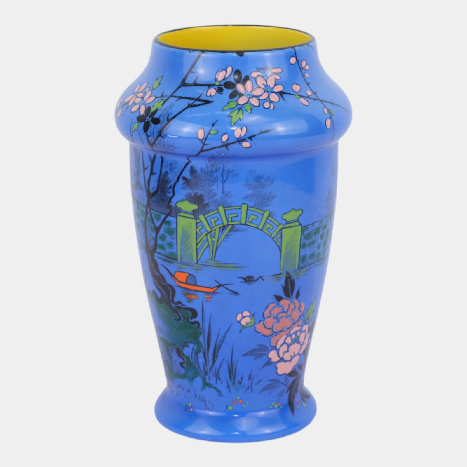 Shelley 1920s English Art Porcelain Blue Art Deco "Japanese Lake Scene" Vase 802 (1 of 8)