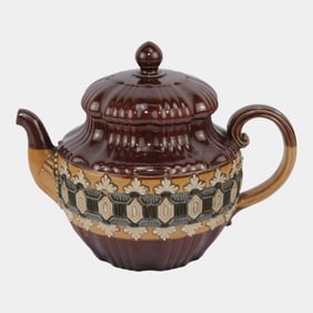 Doulton Lambeth 1890s Victorian English Art Pottery Brown Lidded Fluted Teapot