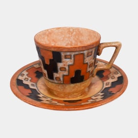 Charlotte Rhead For Crown Ducal English 1930s Orange "Aztec" Cup & Saucer