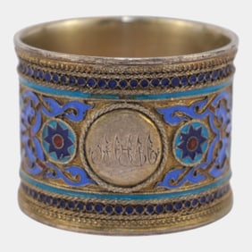 Nikolay Strulev Late 19th C Imperial Russian Silver Enamel Cloisonne Napkin Ring
