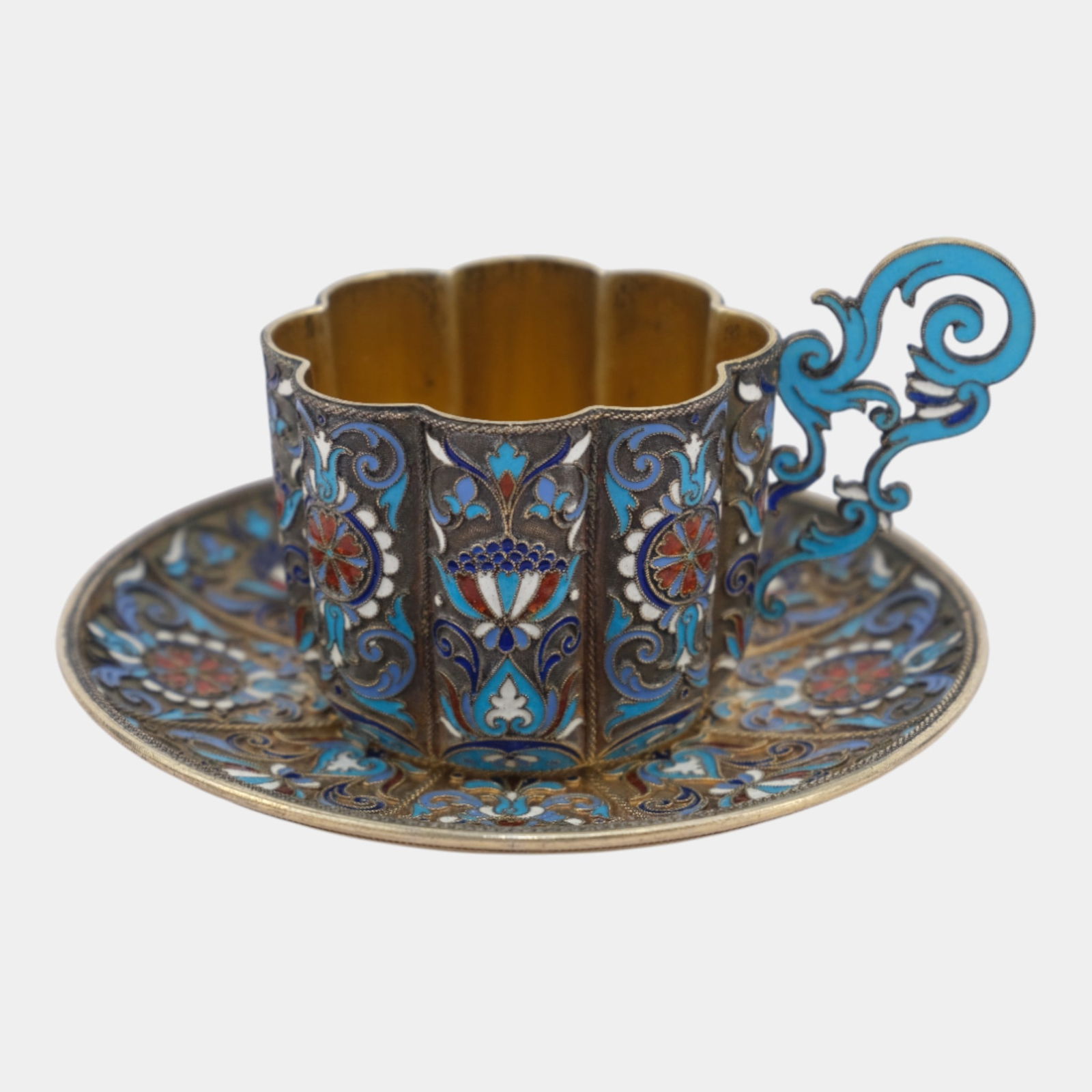 Vasily Agafonov Late 19th C Russian Imperial 875 Silver Cloisonne Cup & Saucer (1 of 8)