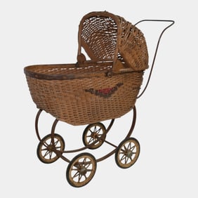 Early 20th Century Woven Wicker Shaded Baby Carriage With Iron Frame
