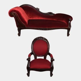 Vintage Childs Parlor Set Red Upholstered Arm Chair and Fainting Couch