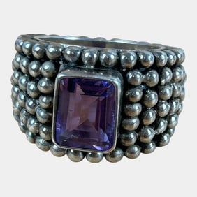 Sterling Silver 925 Tiered Beaded Row Band With Emerald-Cut Amethyst Ring Size 7