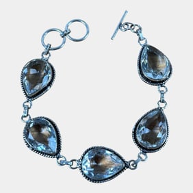 Sterling Silver 925 Vintage Toggle Clasp Bracelet With Faceted Quartz Stones