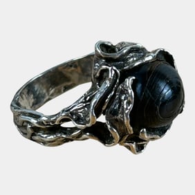 Sterling Silver Vintage Art Nouveau Sculptural Black Cabochon Stone Ring Size 6
