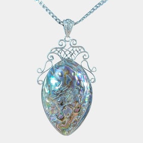 Sterling Silver 30" Chain & Pendant With Large Iridescent Abalone Shell and Decorative Scrollwork