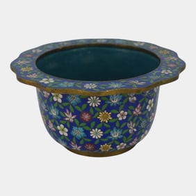 Chinese 20th Century Blue Enameled Cloisonne Floral Wide Rimmed Bowl Jardiniere
