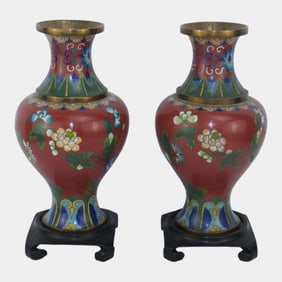 Chinese 20th Century Red Enameled Cloisonne Floral Bottle Vase Pair With Stands