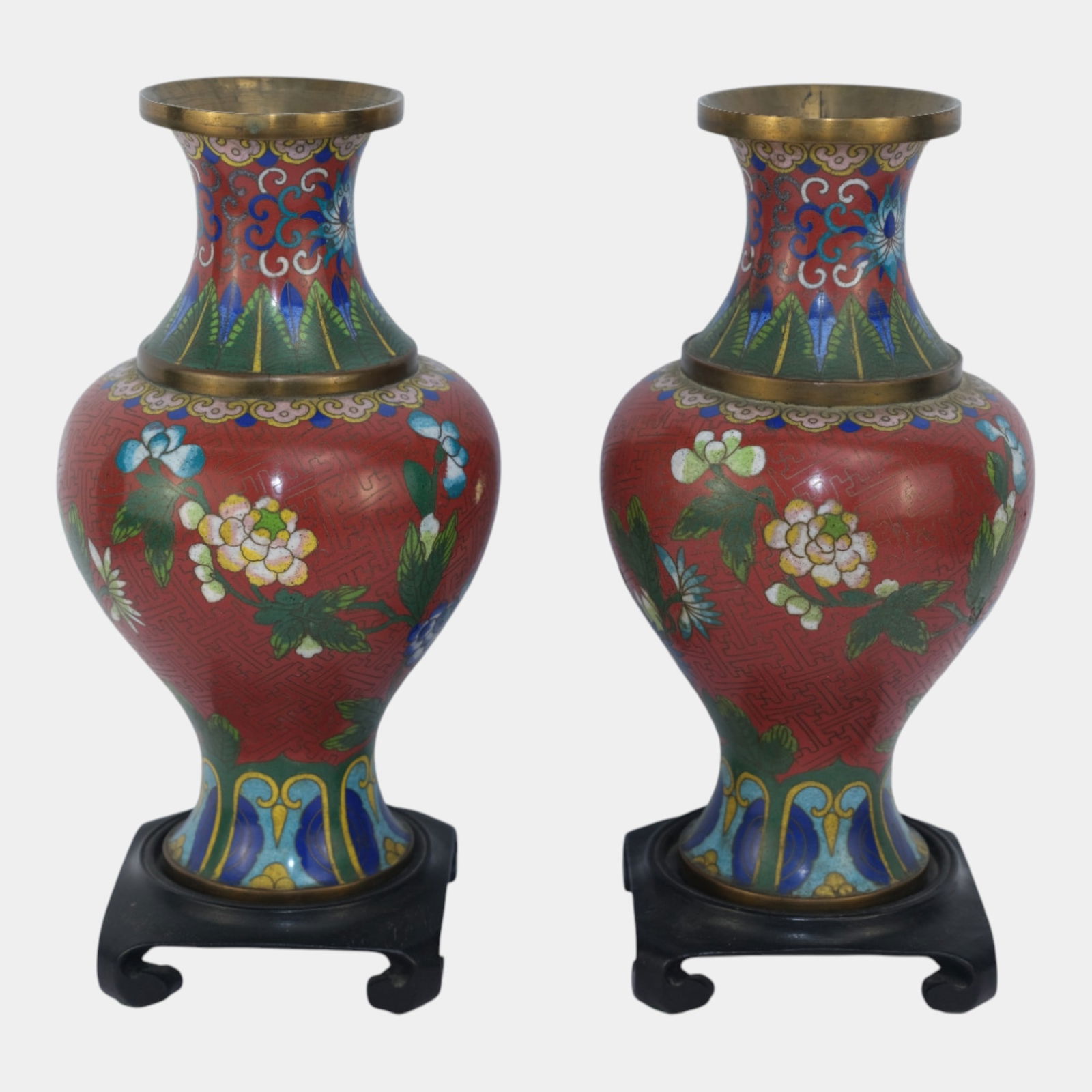 Chinese 20th Century Red Enameled Cloisonne Floral Bottle Vase Pair With Stands (1 of 5)