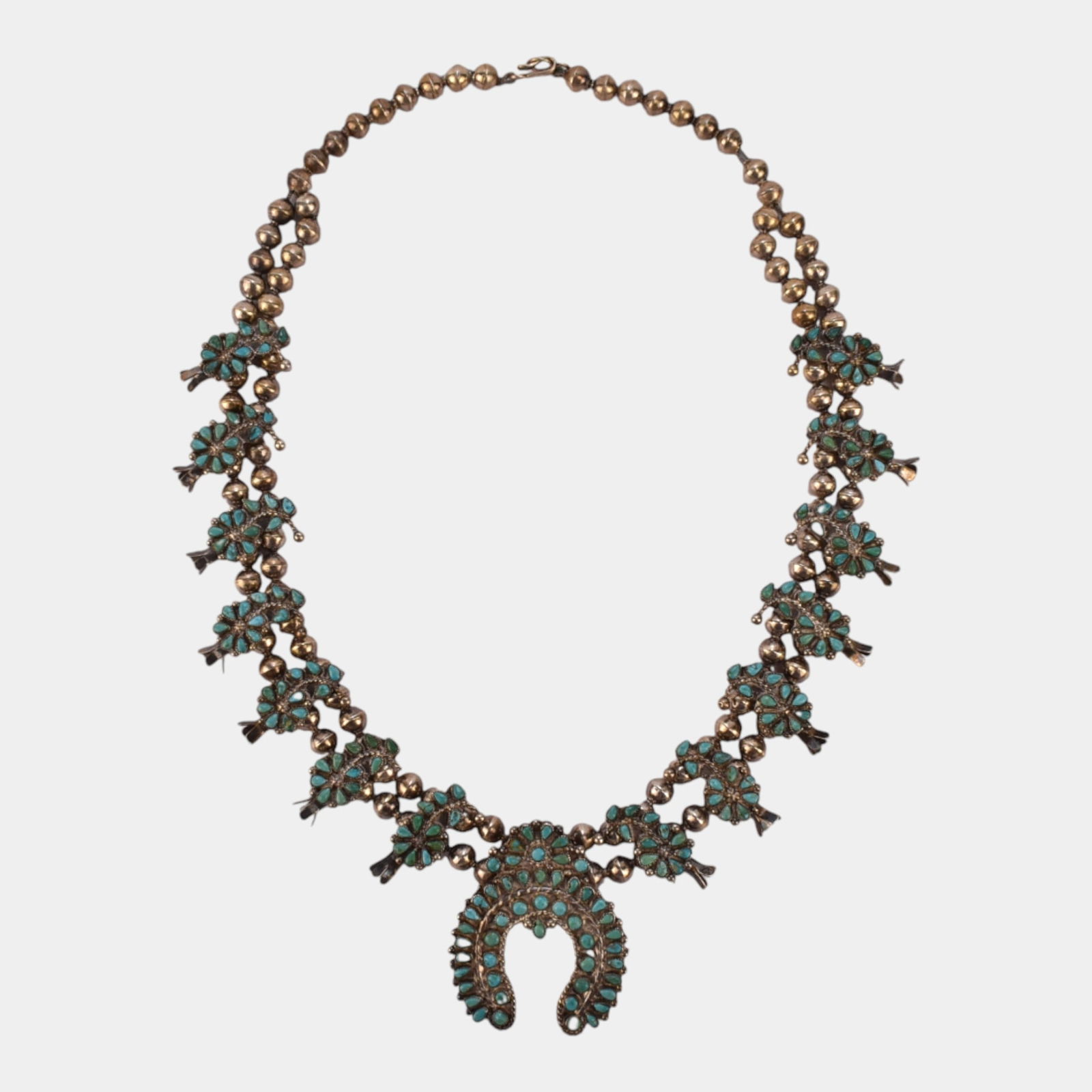 Vintage Navajo Silver And Turquoise Squash Blossom Necklace With Naja Pendant (1 of 4)