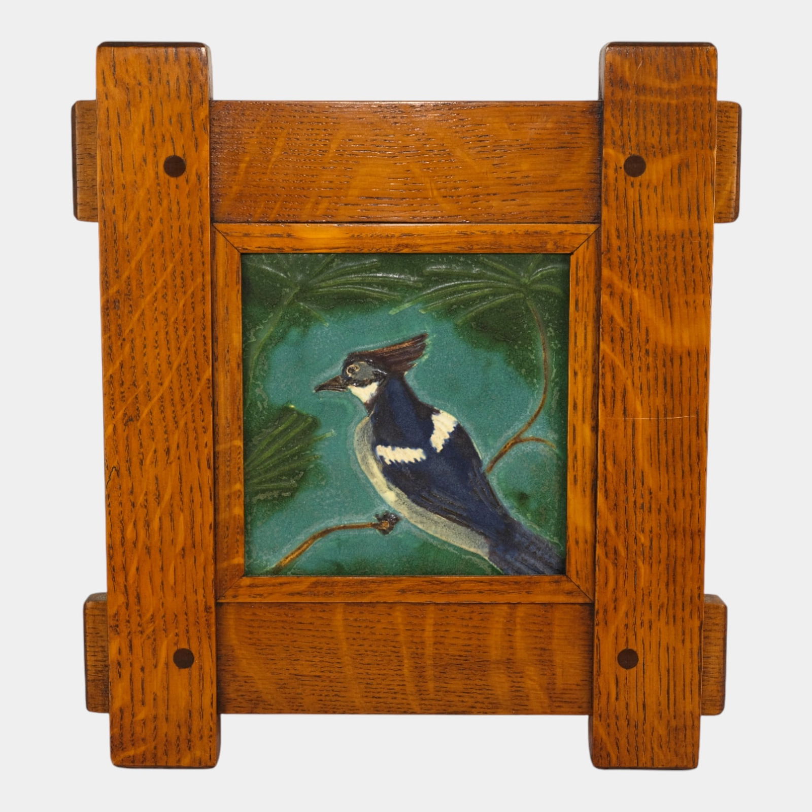 Ephraim Faience 2004 Hand Made Art Pottery Framed Green Blue Jay Tile (1 of 2)