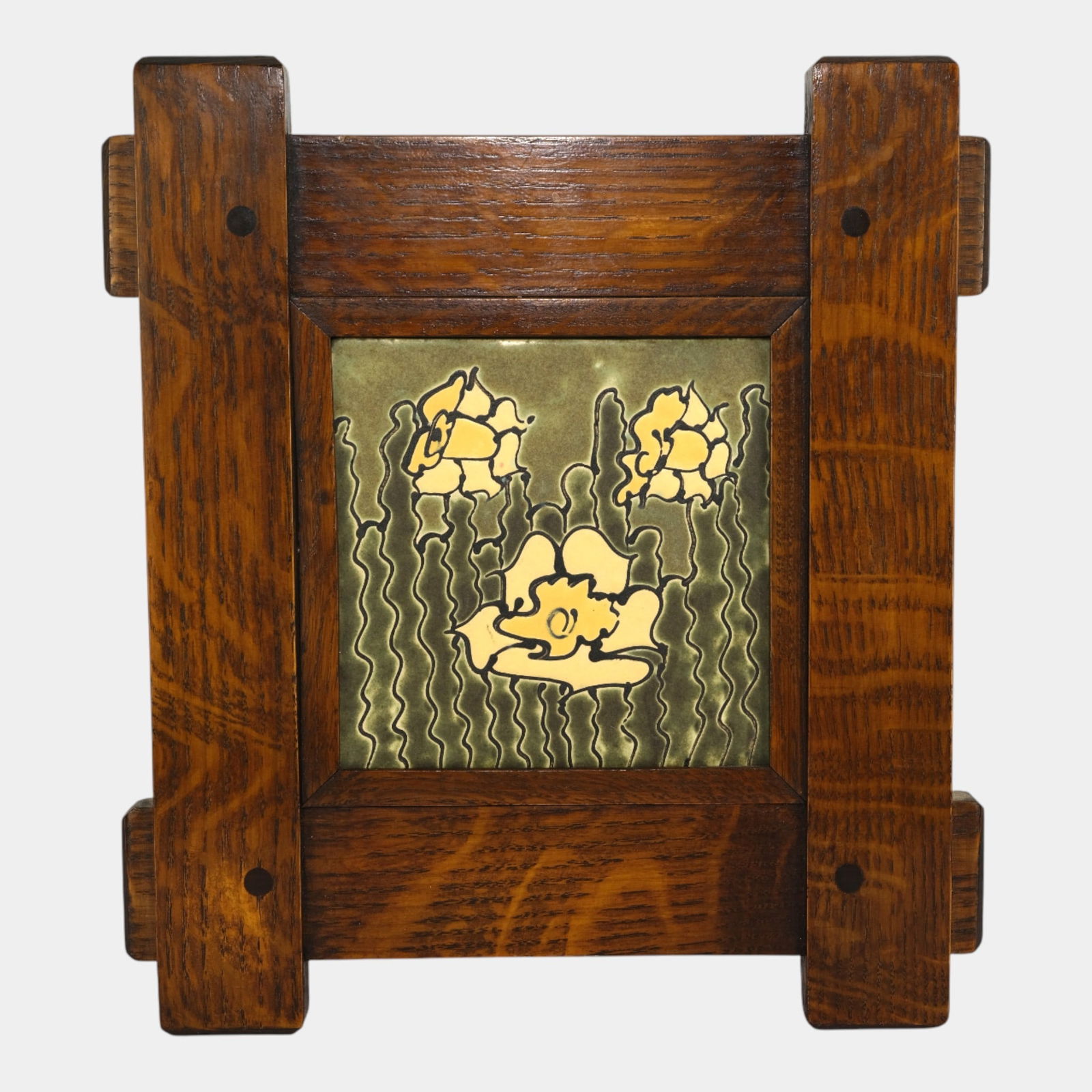 Ephraim Faience Art Pottery Arts And Crafts Framed Green Yellow Daffodils Tile: Ephraim Faience Art Pottery Arts And Crafts Framed Green Yellow Daffodils Tile Bold yet graceful, this Arts and Crafts tile presents stylized yellow poppies rising against a moss-green backdrop, frame