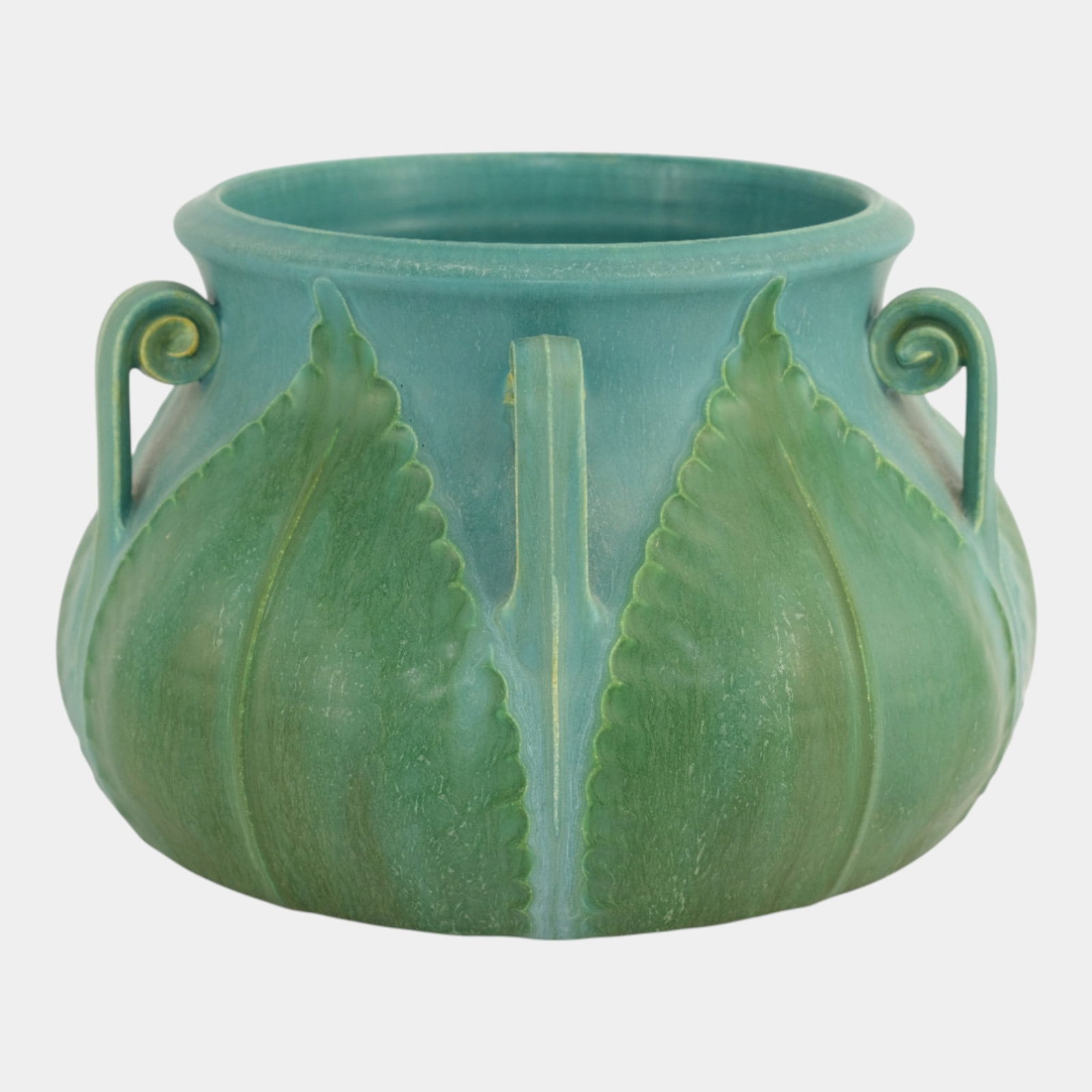 Ephraim Faience 2004 Arts And Crafts Blue Green Fiddlehead Pottery Jardiniere: Ephraim Faience 2004 Arts And Crafts Blue Green Fiddlehead Pottery Jardiniere Beautiful Grueby style Arts and Crafts jardiniere with raised leaf motifs and graceful scroll handles, finished in soothin