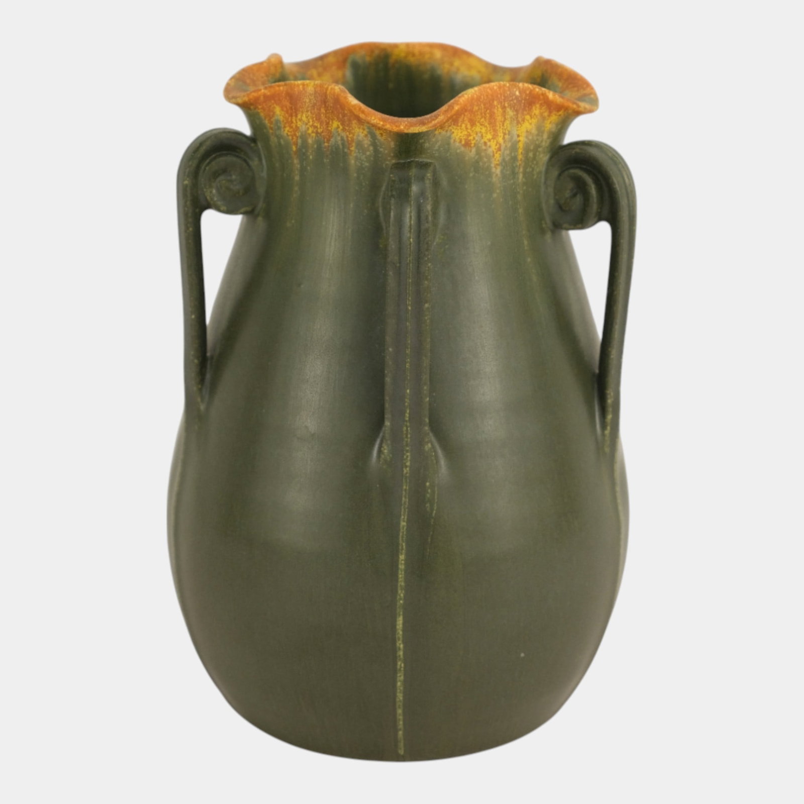 Ephraim Faience 2007 Arts And Crafts Matte Chestnut Glaze Star Fern Vase: Ephraim Faience 2007 Arts And Crafts Matte Chestnut Glaze Star Fern Vase Classic Arts and Crafts vase with elegant scroll handles and flared rim, glazed in deep matte green with warm amber highlights,