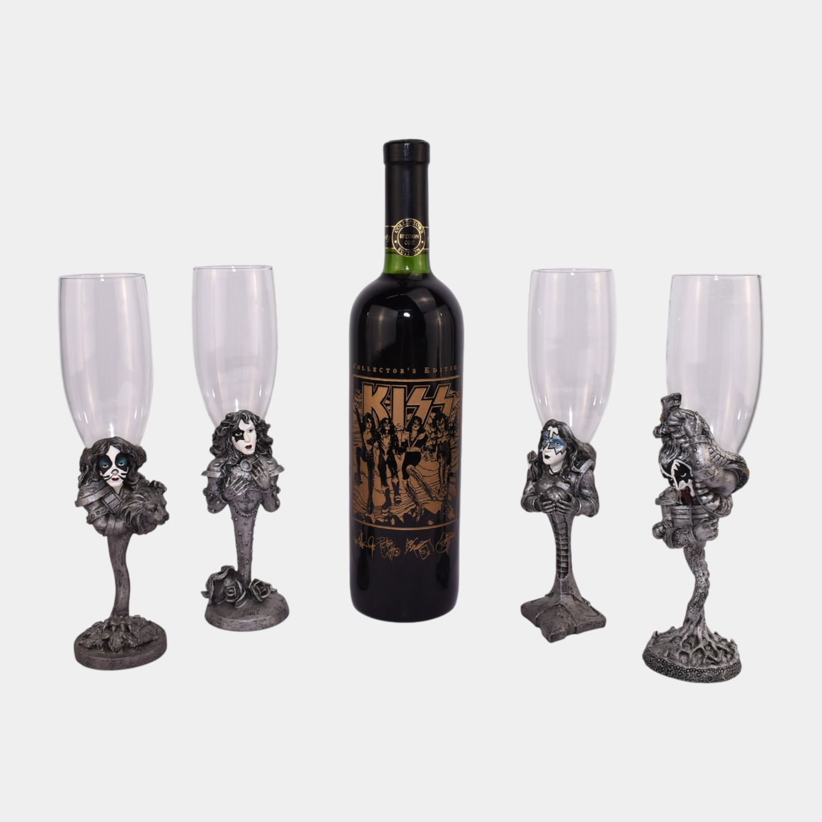 Collector's Edition Kiss 1995 California Cabernet Sauvignon Wine And Glasses: Collector's Edition Kiss 1995 California Cabernet Sauvignon Wine And Glasses KISS etched wine bottle with four metal-stem glasses featuring band member designs. A bold collectible set for fans, combin