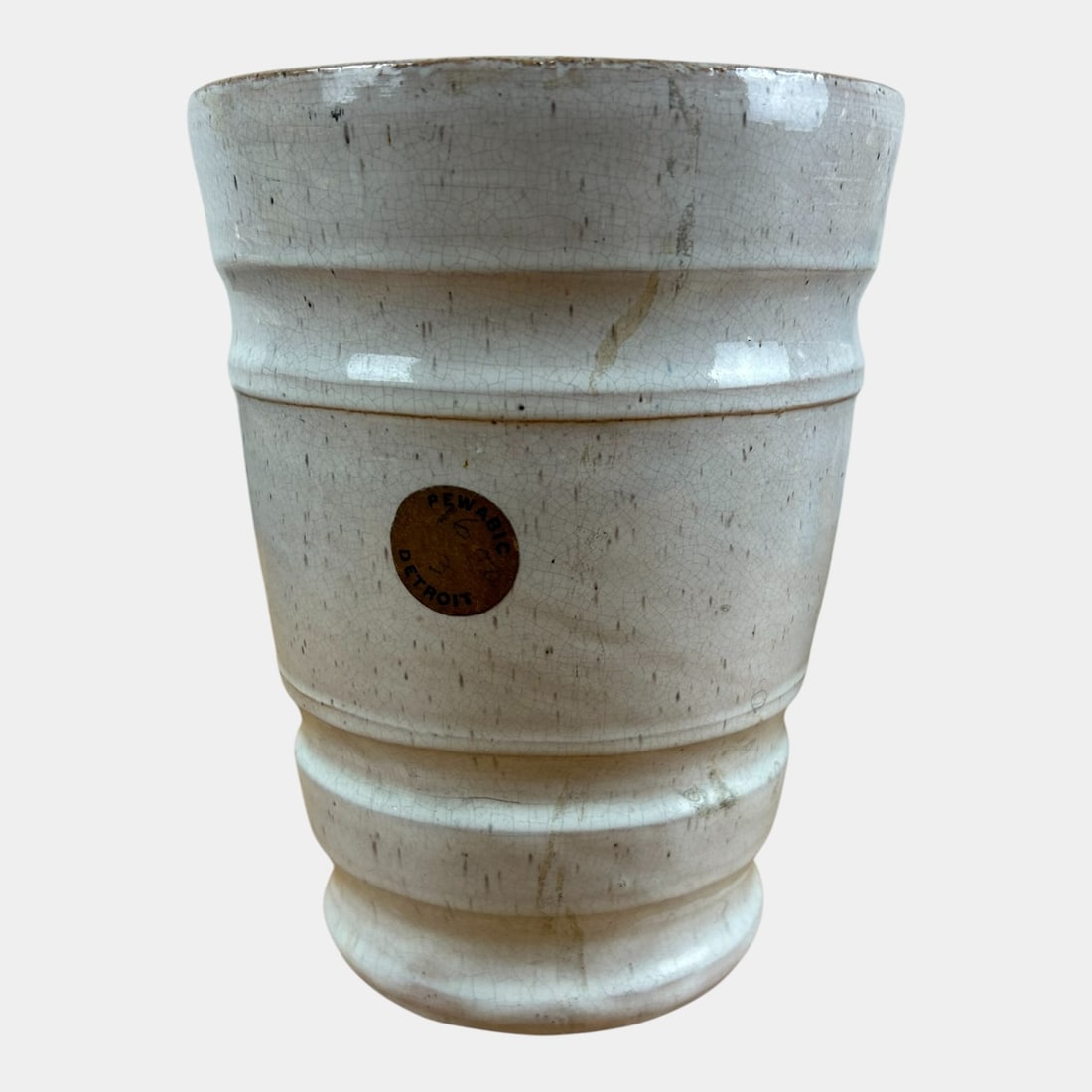 Pewabic Detroit 1940s Art Pottery Ribbed Form White Speckle Glaze Flared Vase (1 of 5)