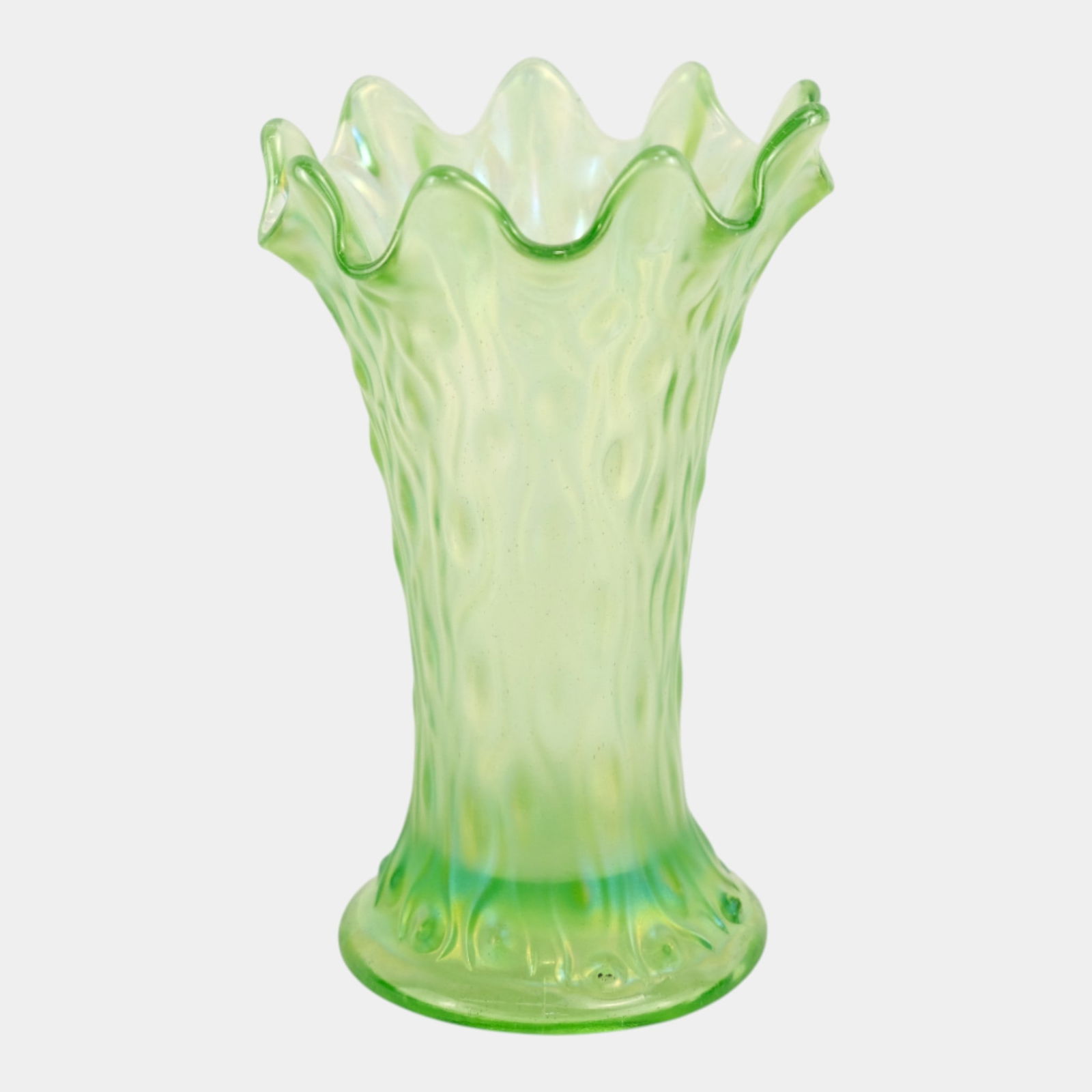 Northwood Ice Green Squat Carnival Glass 7" Tall Scarce Tree Trunk Vase: Northwood Ice Green Squat Carnival Glass 7" Tall Scarce Tree Trunk Vase Exquisitely delicate Northwood Tree Trunk vase appears in the rare Ice Green color, prized for its cool translucence and shimmer