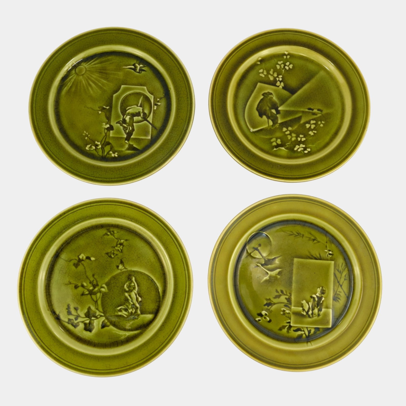 H.B. & Cie Choisy Le Roi France Art Pottery Green Majolica Scenic Plate Set (1 of 5)