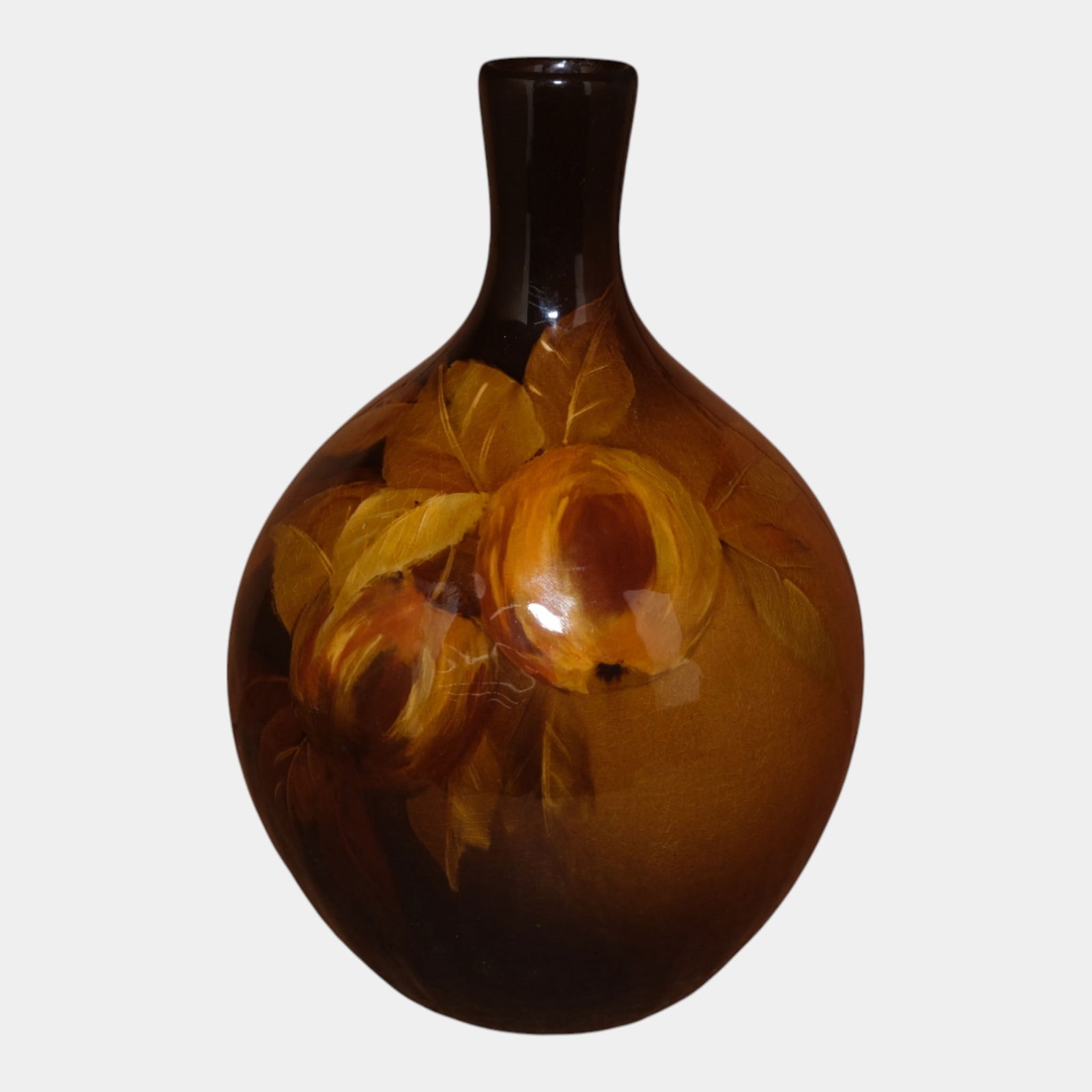 Owens Utopian Early 1900s Hand Painted Peaches Ceramic Bulbous Bottle Vase (1 of 4)