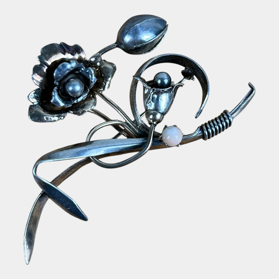 LS Co. 12K GF On 800 Silver 1940s Large Floral Brooch With Rose Quartz Stone (1 of 2)