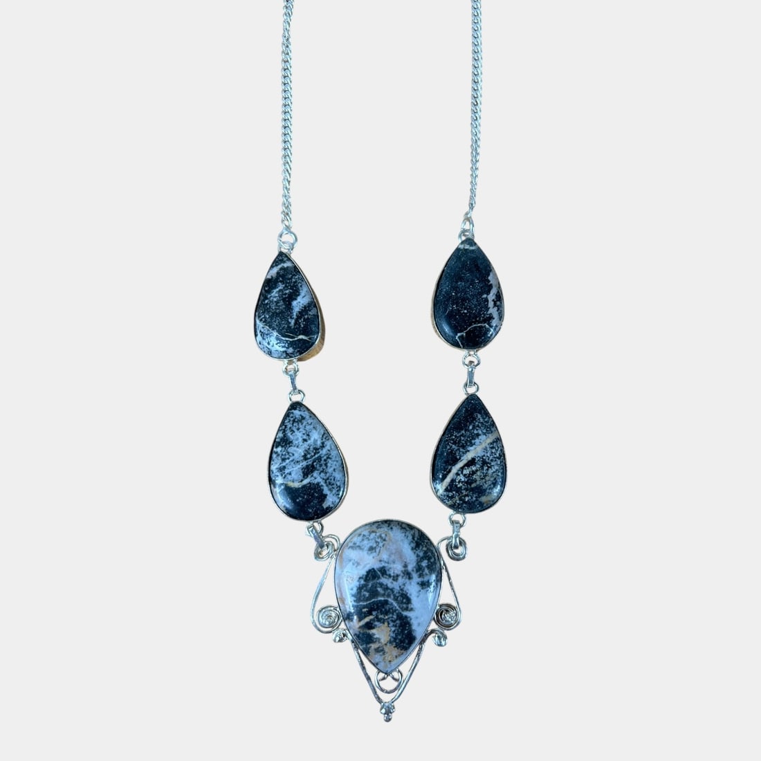 Sterling Silver 925 Modernist Jasper Cabochon Stone Drop Necklace (1 of 3)