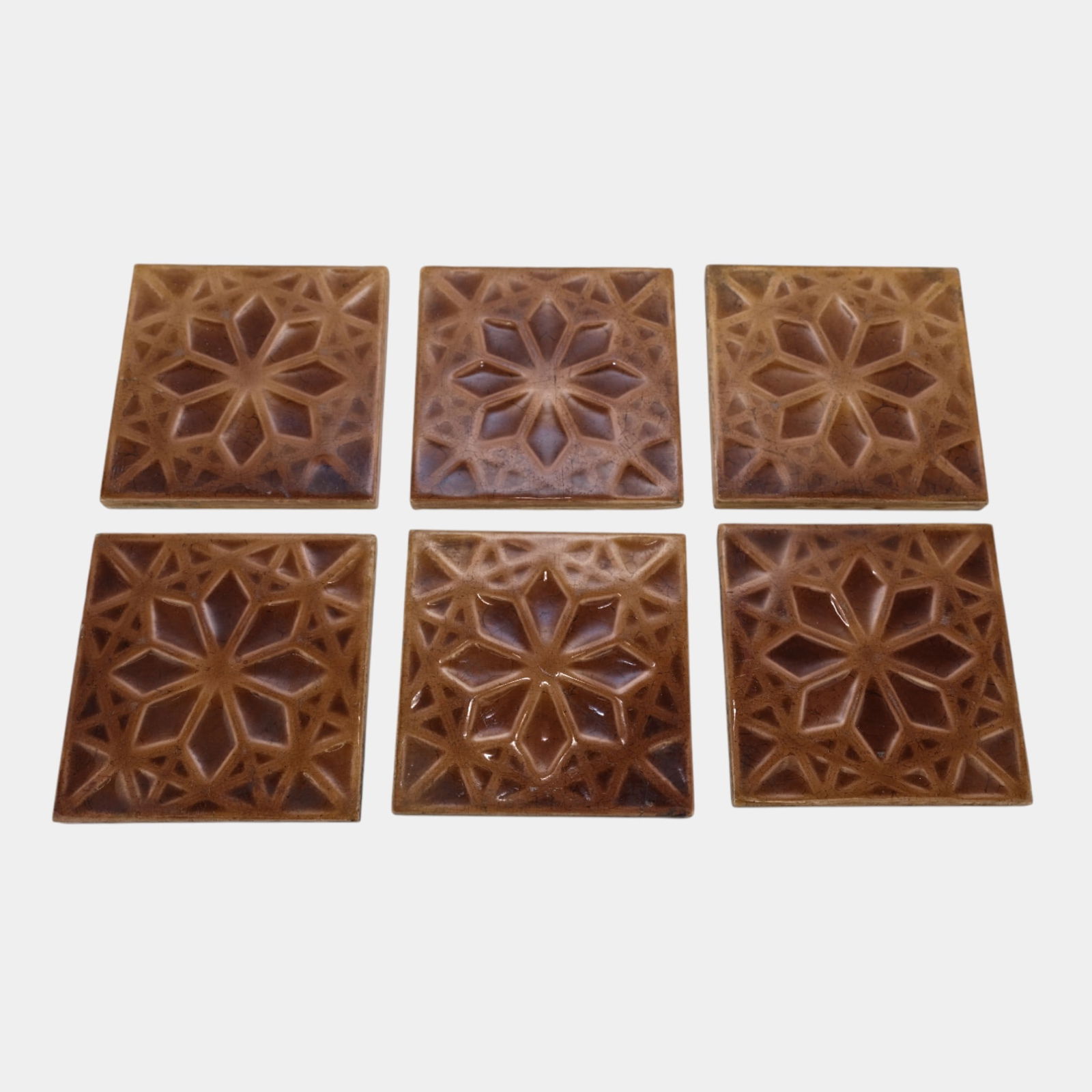 J & JG Low Art Tile Works Brown Majolica Geometric Set of 6 Ceramic Tiles (1 of 5)