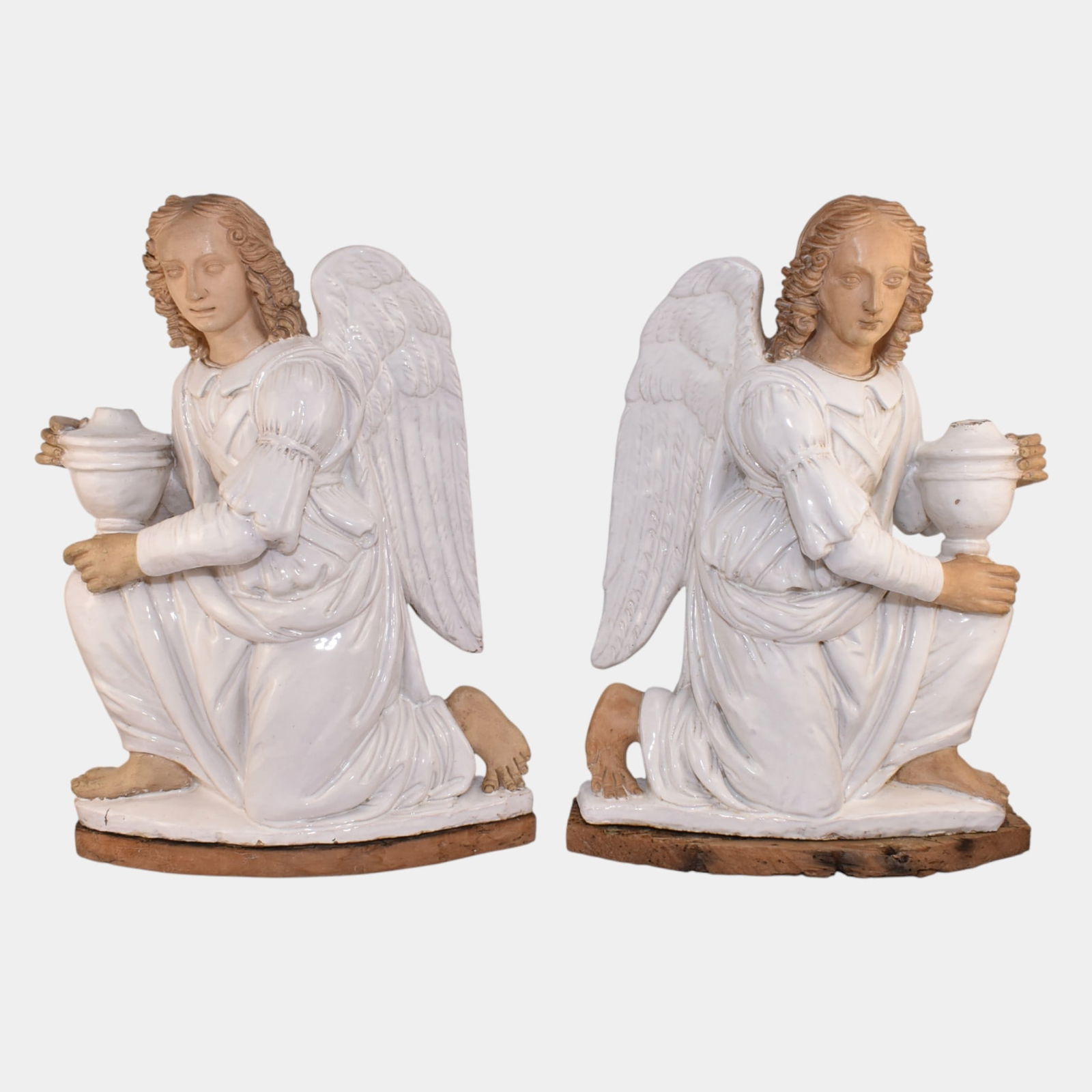 Italian White Pottery Torch Bearing Angel Candleholders After Benedetto Bulioni (1 of 6)