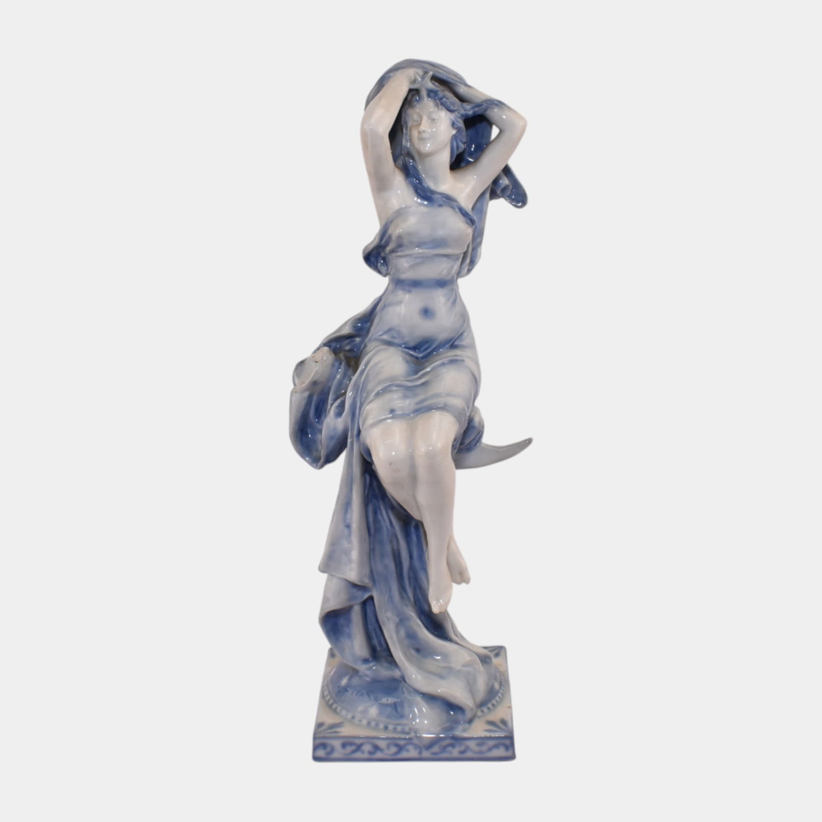 Henri Levasseur 1900s French Art Nouveau Blue Porcelain Female Figure Sculpture: Henri Levasseur 1900s French Art Nouveau Blue Porcelain Female Figure Sculpture French Art Nouveau porcelain figure, late 19th / early 20th century, depicting an allegorical female figure in flowing d