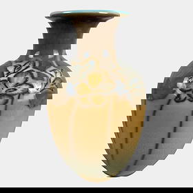 Rookwood Pottery 1934 Arts And Crafts Jeweled Porcelain Vase Shirayamadani: Rookwood Pottery 1934 Arts And Crafts Jeweled Porcelain Vase Shirayamadani Warmly toned and delicately decorated, this Arts & Crafts era Rookwood vase features a softly rounded ovoid form with hand-pa