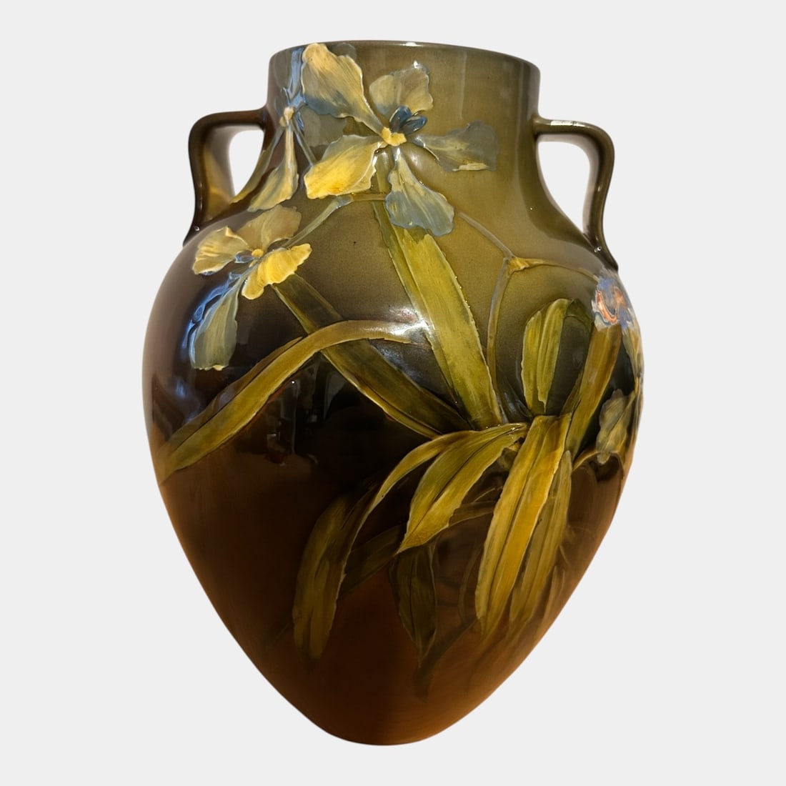 Rookwood Pottery 1891 Standard Glaze Blue Iris Handled Vase 604C Shirayamadani: Rookwood Pottery 1891 Standard Glaze Blue Iris Handled Vase 604C Shirayamadani Lushly painted and elegantly proportioned, this Arts & Crafts era Rookwood vase features a softly swollen form with twin