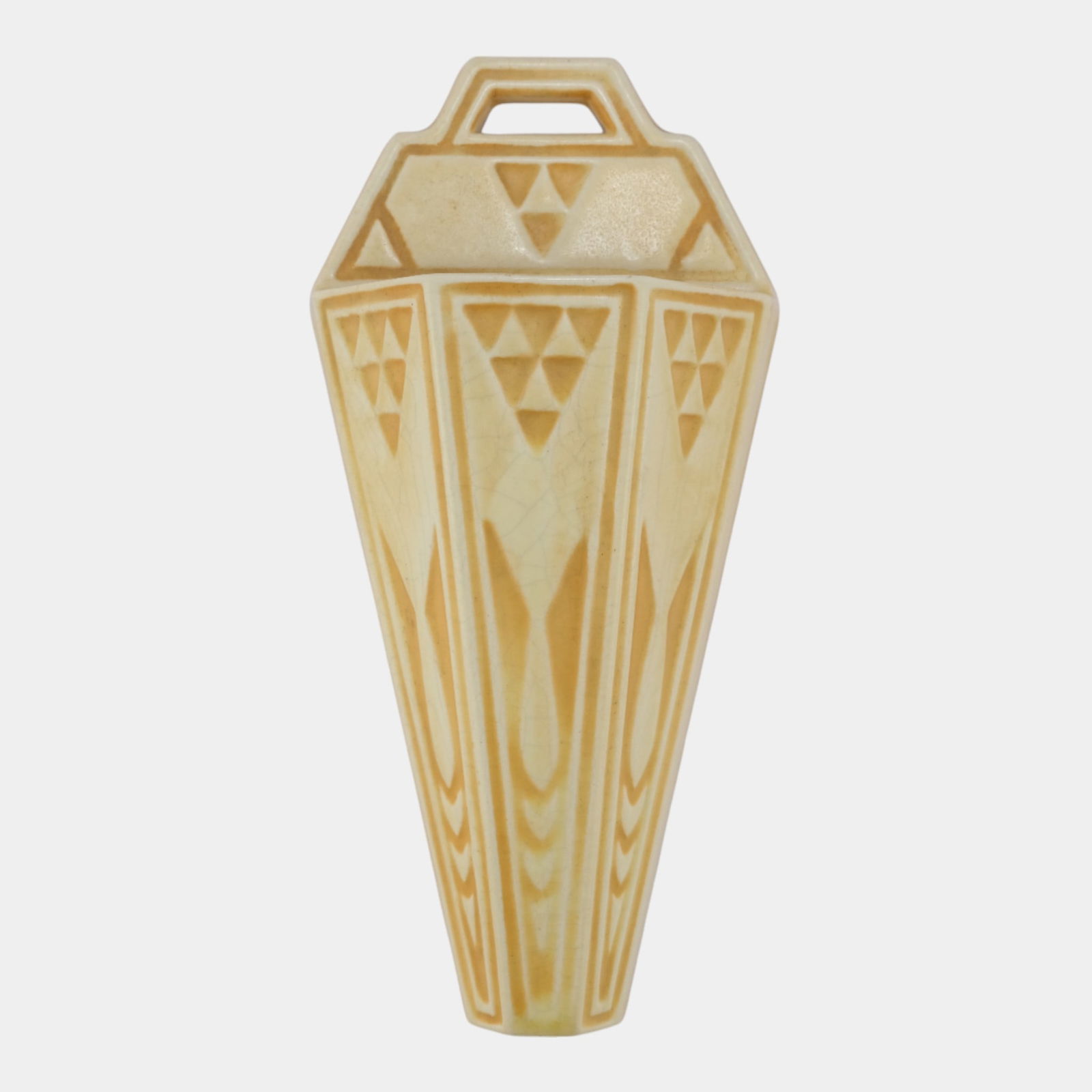 Roseville Old Ivory Tinted Tan 1916 Arts And Crafts Wall Pocket 1203: Roseville Old Ivory Tinted Tan 1916 Arts And Crafts Wall Pocket 1203 Nice mold and color. Excellent original condition. No chips, cracks, damage or repair of any kind.Wall pocket is 12 1/12" tall and