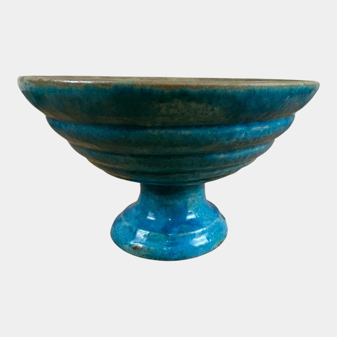 Pewabic Early 20th C. Persian Blue Ribbed Body Iridescent Footed Compote Bowl: Pewabic Early 20th C. Persian Blue Ribbed Body Iridescent Footed Compote Bowl Brilliantly glazed and gracefully balanced, this Pewabic footed bowl features rich shades of cobalt and teal with subtle