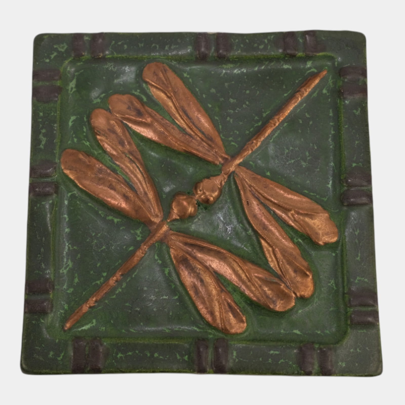 Ephraim Faience 2002 Arts And Crafts Green Kissing Dragonflies Pottery Tile: Ephraim Faience 2002 Arts And Crafts Green Kissing Dragonflies Pottery Tile Ephraim Faience Pottery tile depicting two dragonflies in raised relief, finished in warm brown and green matte glazes. A