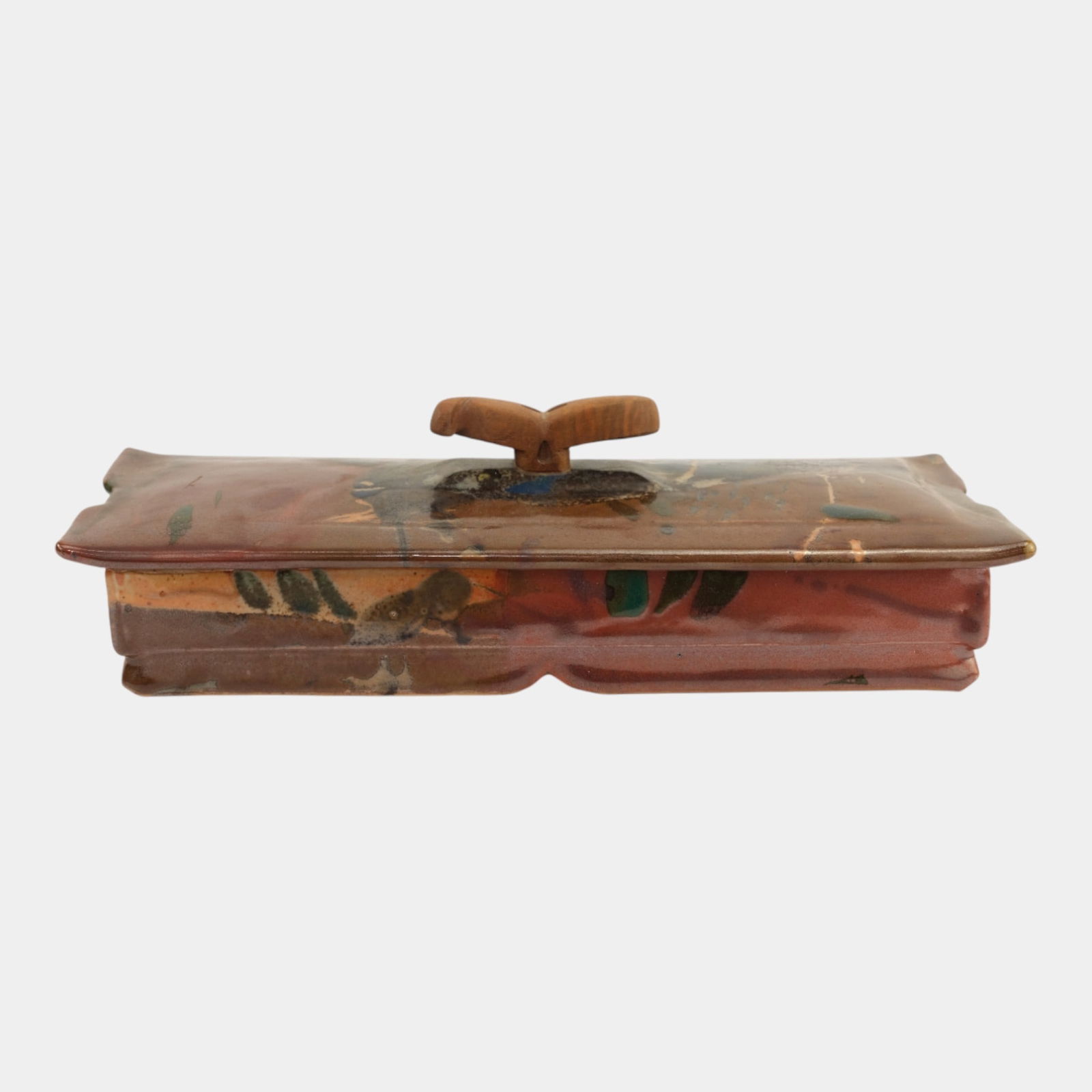 John Glick (1938-2017) Plum Tree Pottery Wooden Handle Rectangular Lidded Box: John Glick (1938-2017) Plum Tree Pottery Wooden Handle Rectangular Lidded Box Rectangular lidded box by John Glick showcasing his signature multicolor glaze layering in earthy red, green, and ochre