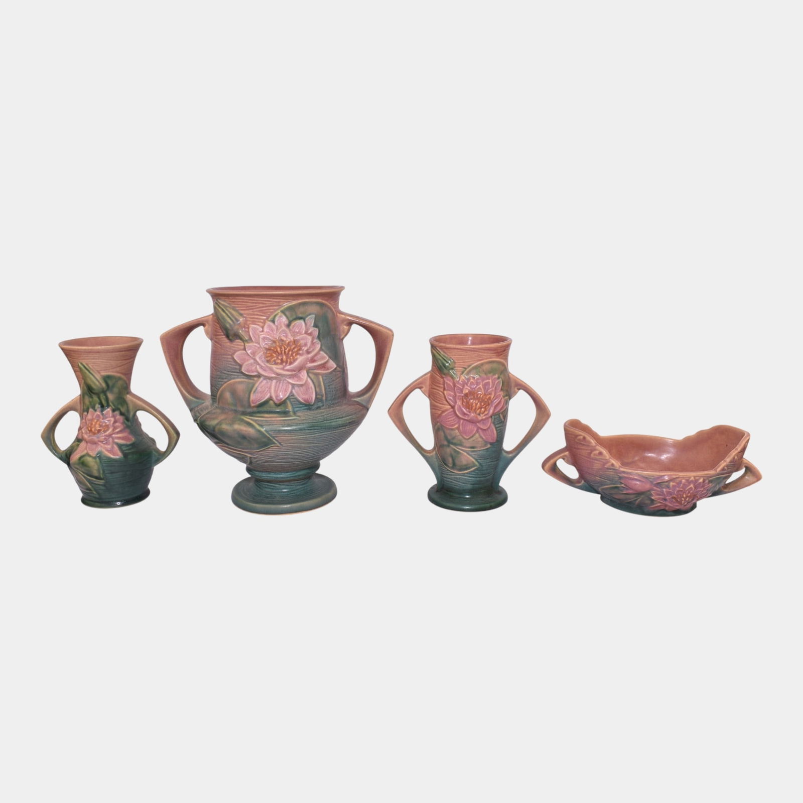 Roseville Water Lily Pink Vintage Art Pottery Ceramic Vases Bowl: Roseville Water Lily Pink Vintage Art Pottery Ceramic Vases Bowl Set of four Roseville Water Lily pieces, each decorated with detailed pink water lilies and green lily pads in relief on a soft
