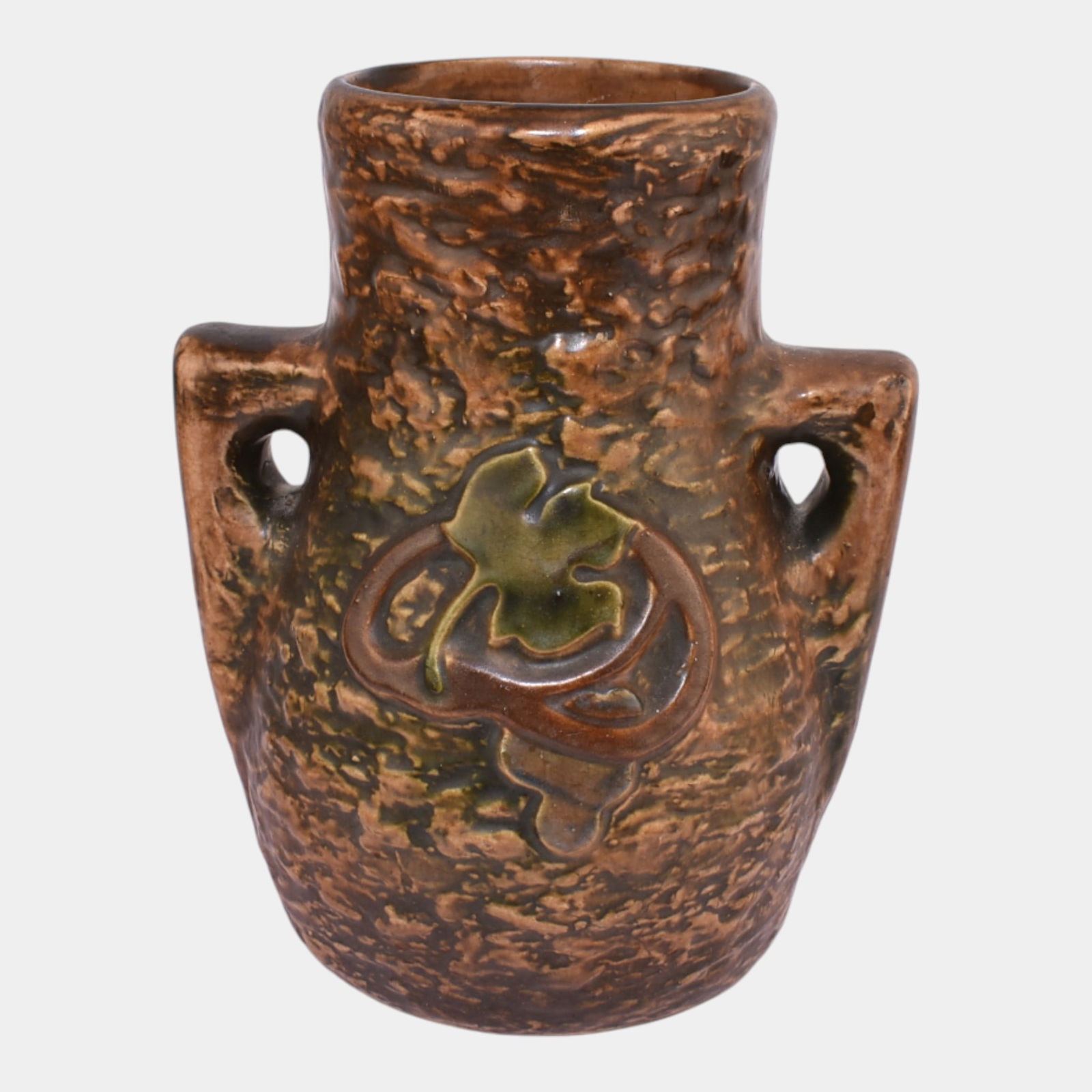 Roseville Imperial I 1921 Vintage Art Pottery Large Handled Ceramic Vase: Roseville Imperial I 1921 Vintage Art Pottery Large Handled Ceramic Vase Early Roseville Imperial vase featuring a textured brown glaze with raised green vine and leaf motif. The designâ€™s