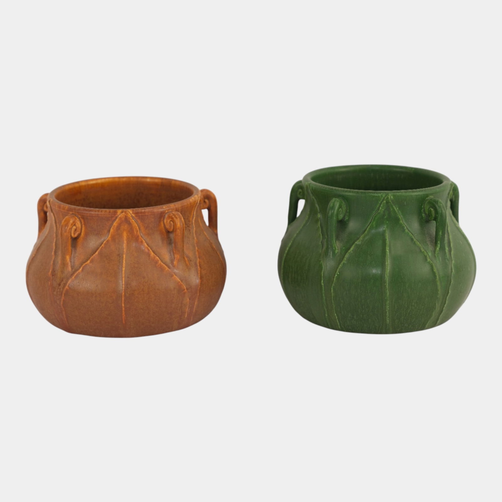 Ephraim Faience 2004 Arts And Crafts Green Orange Broad Leaf Fiddlehead Vases: Ephraim Faience 2004 Arts And Crafts Green Orange Broad Leaf Fiddlehead Vases Pair of Ephraim Faience vases in rich matte green and warm chestnut glazes. Each displays elegant raised leaf designs with