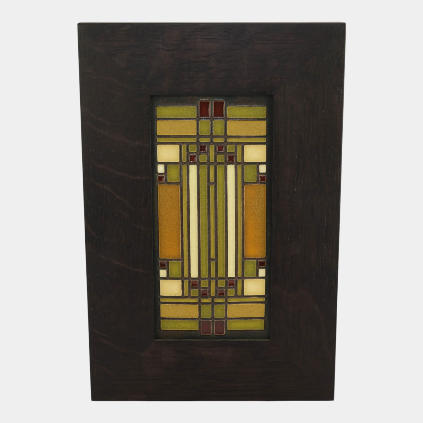Motawi Tileworks Frank Lloyd Wright "Skylight" Framed Art Pottery Tile: Motawi Tileworks Frank Lloyd Wright "Skylight" Framed Art Pottery Tile Motawi Tileworks rectangular art tile featuring a Frank Lloyd Wrightâ€“inspired geometric design in amber, olive, and bur