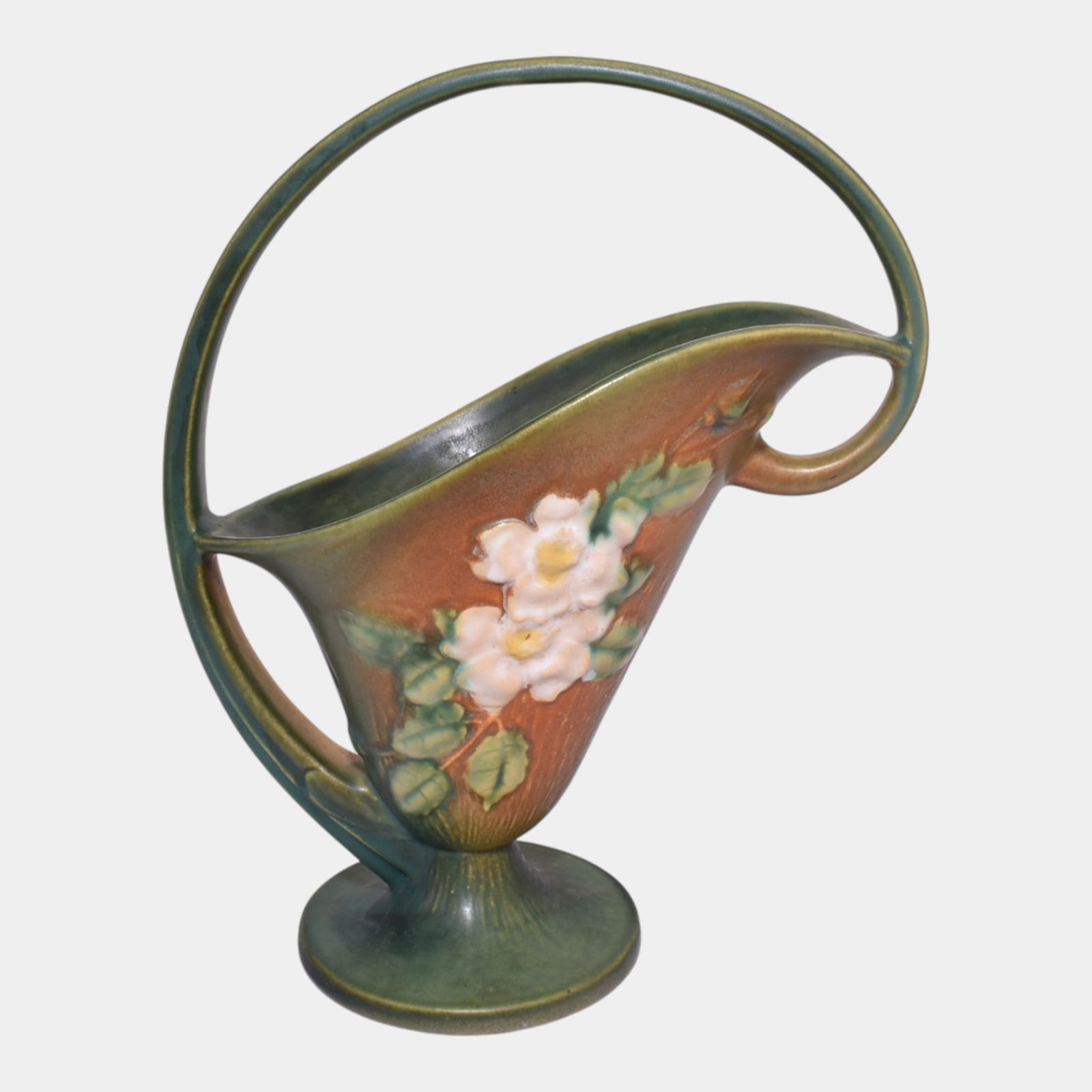 Roseville White Rose Green 1940 Vintage Art Pottery Ceramic Basket 364-12 (1 of 3)