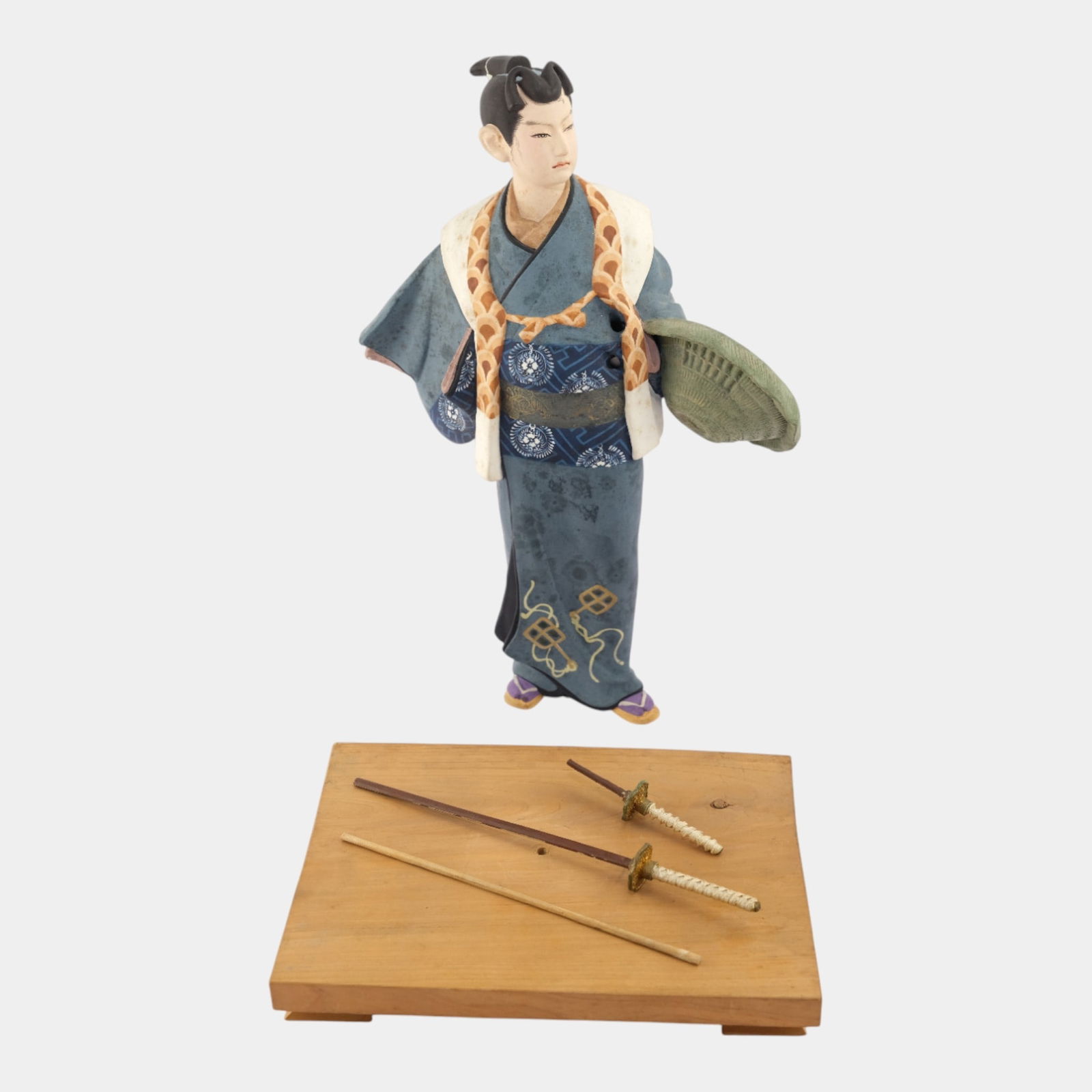 Japanese Young Samurai Hakata Doll Hand Painted Figurine On Wood Stand (1 of 3)