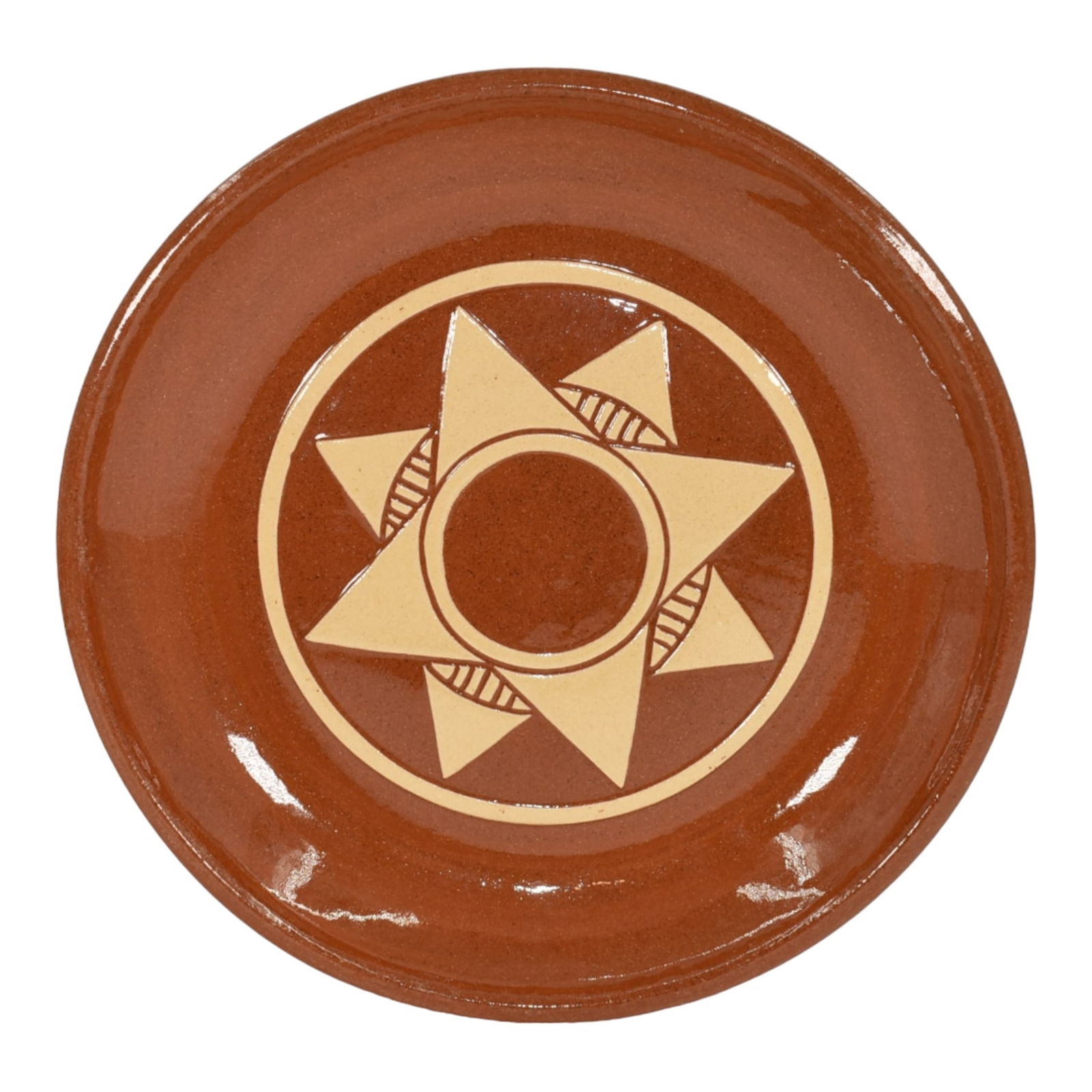 Pine Ridge Sioux Dakota Hand Made Pottery Star Design Ceramic Plate Cottier: Pine Ridge Sioux Dakota Hand Made Pottery Star Design Ceramic Plate Cottier Decorative plate with a carved eight sided star in the center. Excellent original condition. No chips, cracks, damage or rep